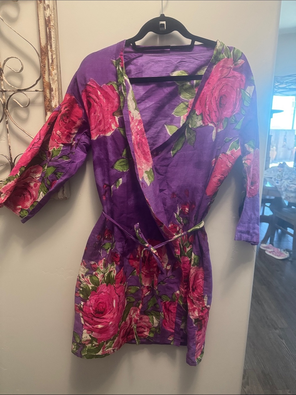 Purple Floral Wrap Jacket with Pink Rose Print
